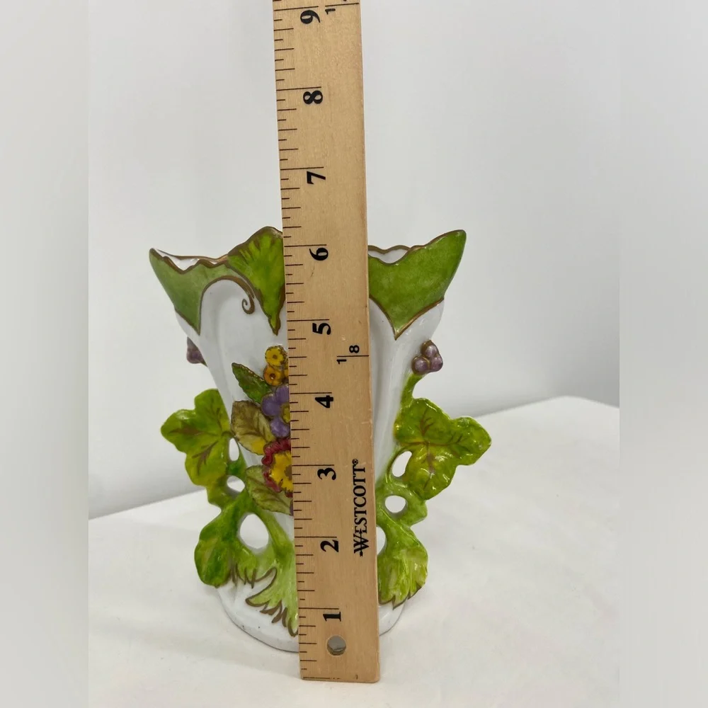 Vintage Hand Painted Porcelain Vase‎ white with Strong Green Accents & Florwers